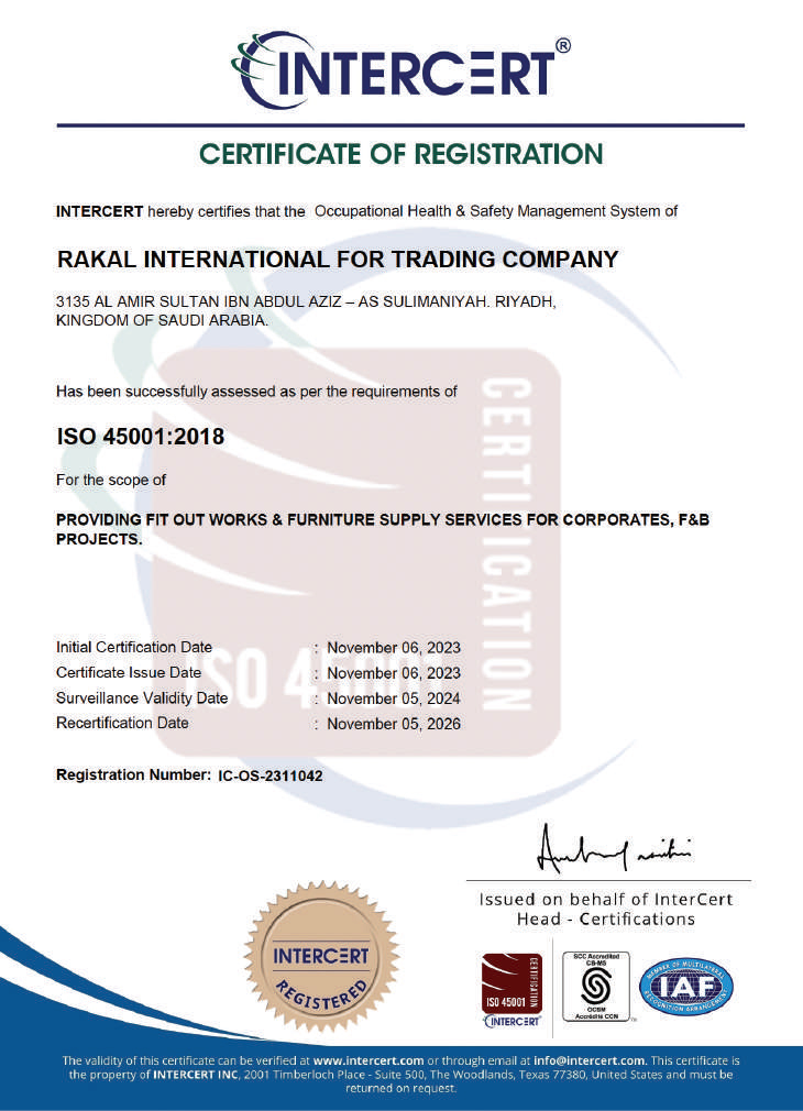 ISO 45001 occupational health and safety certification for Rakal Spaces workplace projects in Saudi Arabia