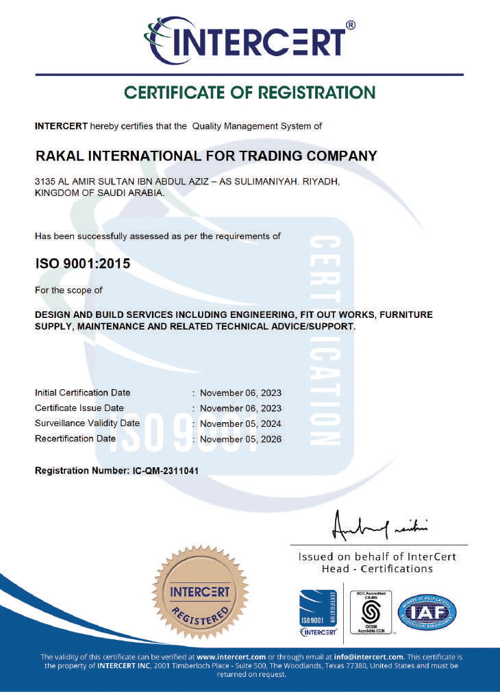 ISO 9001 quality management certification for Rakal Spaces office fit-out and workspace solutions